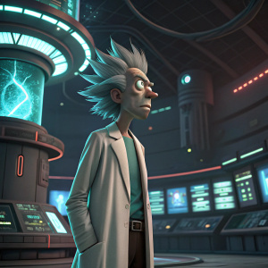 Rick Sanchez, character from Rick and Morty, standing in a futuristic lab. Wildly tousled hair, intense expression.