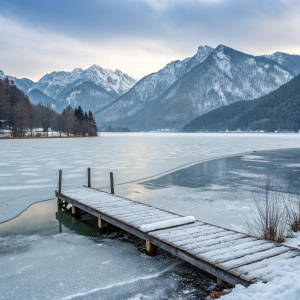 Winter wonderland scene at Lake Schliersee, Bavaria. Frozen lake with snow-covered mountains in the backdrop. Wooden dock extends into icy water. Snow-covered peaks