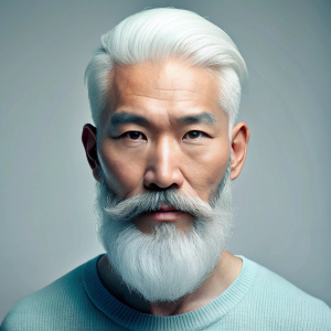 una persona oriental de 30 años con barba, y cabello blanco bien organizado y limpio, de tono de piel un poco blanco llegando a moreno, de frente, la barba y el cabello deben ser totalmente blancos, sin otros colores mas que blancos, el color de los ojos deben ser una combinacion entre el color cian, cielo y aquamarina, y debe tener un sueter tipico de su pais, el sueter debe ser de color rojo