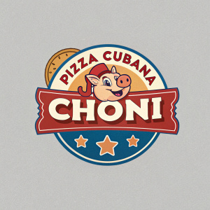Imaginative branding for Pizza Cubana. Choni, a cartoon pig, central mascot. Spanish text highlights fusion of Cuban and pizza flavors. Bold graphics and playful typography. Neutral grey background. Color scheme includes warm brown, vibrant red, and a touch of blue.