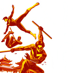 Digital artwork featuring Nightwing in action poses, colorful and detailed. He is depicted with acrobatic stances and martial arts moves.
