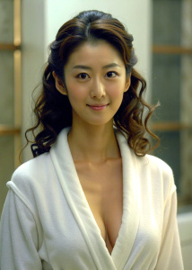 1girl, 20-year-old Korean actress Clara Lee Sung-min, with medium curly brown hair, wearing an open white bathrobe, luxurious bathroom: 1.1, half body to navel: 1.2, collarbone, 45° face looking at the audience, ((turbulent)), ((Perfect Body Proportions)), ((Full View: 1.5)), Grinning, Deep Shadows, Weiss Anderson Style, <lora:DetailedEyes_xl_V2:1>, Chest:1:2, ((Ultra High Resolution)) <lora:neg4all_bdsqlsz_xl_V7:1>, (Super delicate oval face)), ((Beautiful eyes with long eyelashes)), ((Real qua