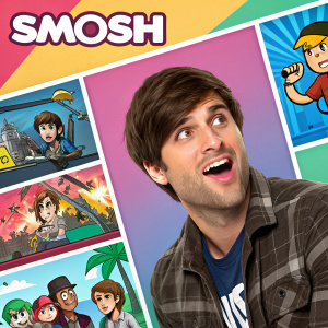 A vibrant collage of Smosh video thumbnails arranged in a grid format. Each thumbnail showcases different animated scenes and titles from popular Smosh videos.