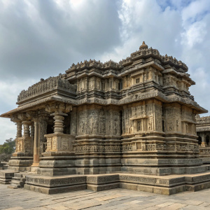 Intricate stone architecture of a multi-level temple. Located in Halebid, Karnataka, India. The Kedareshwara Temple with detailed carvings