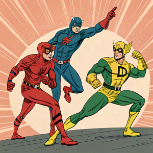 Comic book style illustration of Daredevil characters. Dynamic poses, vibrant colors, showcasing unique costumes. Red, blue, yellow, green. Action scenes, characters fighting, posing. Classic comic book style.