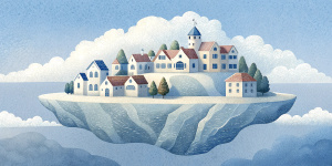 White illustration, Rene magritte style, isolated surrealistic collage of a lot of old Asiatic houses and trees on island, huge ocean and big sky, light pastel colors, asymmetrical composition, zoom out view, grainy texturing paper
