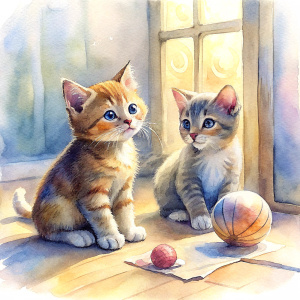 Watercolor painting, Two baby cats play with a ball of wool yarn in a room with white walls and a very bright window.