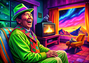 hombre con ropa andina peruana riendo viendo television de noche 