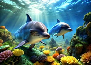 Underwater landscape with two dolphins 3D 4K ultra realistic super detailed vivid colors in detailed closeup with text "ADM" in a sign