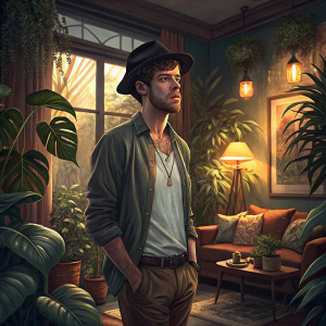 Harry Treadaway, actor, standing in a cozy living room. Indoor scene with lush plants and warm lighting. Dressed in casual attire including a light shirt and black fedora.
