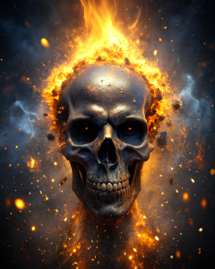 effect, photoshop action, realistic black skull with human body gold on head, flames of fire, sparks, dust, explosion, effect, xd quality, micro detail sharpening,