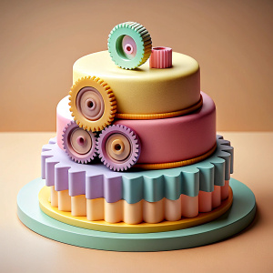 small simple minimalistic cake with mechanisms in colors: lilac, soft yellow, soft pink