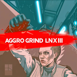 Illustration of promotional banner for Aggro Grind LNXII. Futuristic design with blue and green tones, highlighting the main character in action pose.