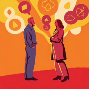 J.K. Simmons and Meredith Vieira, both Caucasians, at a tech conference. Standing in front of an abstract art background with vibrant logos and speech bubbles.