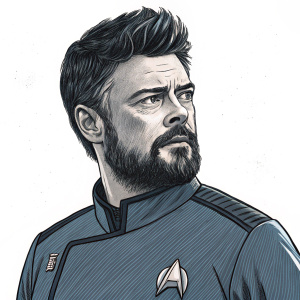 Karl Urban in character as Dr. Leonard 'Bones' McCoy from Star Trek, detailed sketch. Bold lines, shading. Plain white background.