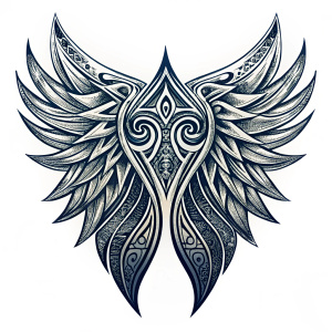 angel wings,sigil symbolism,Neo-Tribal aesthetic,black angles, thin lines and black ink,Māori tribal tattoo influence uhd,hdr.4k.isolated white background.