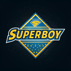 Stylized Superboy logo in a vibrant blue and yellow color scheme. Set against a sleek black background.