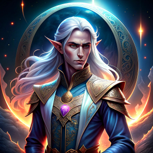 young elf, male, long silver robes, moonlight, wizard, mage, long red hair