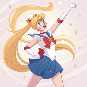 Usagi Tsukino, the brave and determined heroine of Sailor Moon, striking a powerful pose. Her long, flowing blonde hair streams behind her. Clad in her iconic white bodice, blue skirt, and red bow, she exudes confidence. Set against a softly glowing, pastel backdrop dotted with tiny stars.