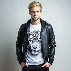Blonde dane dehaan eye bags, stubble, wearing black and white tiger graphic design shirt and silver hoodie and black jacket and black skinny jeans