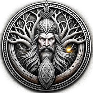 Nordic Mimir - Guard the Source of Tree Yggdrasilr high-definition design grey and black, realistic tattoo design, white background