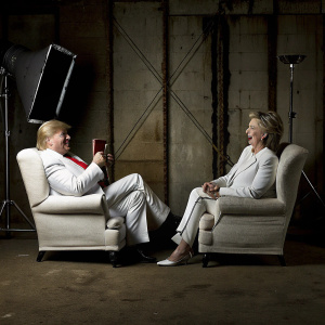 Donald Trump and Hillary Clinton depicted in a playful, cartoon-style ad. Set against a white backdrop with bold black outlines. Netflix logo prominently displayed.