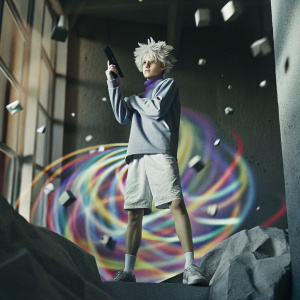 3D rendered image of Killua Zoldyck from Hunter x Hunter. Action-packed pose against a chaotic backdrop of swirling colors and geometric shapes.
