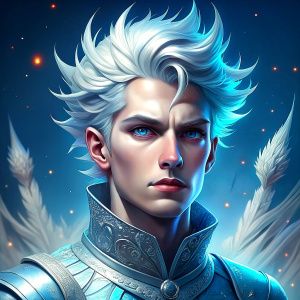 handsome prince with sparkling white skin and messy white hair, futuristic, mid journey style, 4K, HD, detailed, 1080x1080 resolution