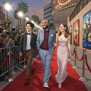 Ben Feldman, Colton Dunn, and Eden Sher at the Superstore premiere. Flashing cameras, red carpet, enthusiastic fans in the background.