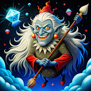  full height Baba Yaga flying on a broom, smiling, NO CAP, flying cinematik, dynamic angles, volumetric lighting, ultra realistic, silver long hair full of diaamont, ultra detailed, full shot ,Giger style, 8k, glowing lights, fashionable , intricate details, Greg Rutkowski, sharp focus. Poster that breaks design rules, no text, medium mixed "Instagram grunge". Russian traditional patterns. Full of terrible vacuum, chrome font, fancy textures and self-referentiality. 