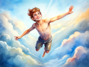 cute shirtless slender tanned smiling guy with short hair wearing shirt tight shorts is flying in the sky among the clouds with great speed, arms spread wide