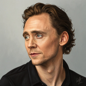 Realistic oil painting of Tom Hiddleston. Brown hair, brown eyes, wearing black shirt. Artist captures lighting and shadows meticulously. Grey background, soft and subtle. Signed by the artist.