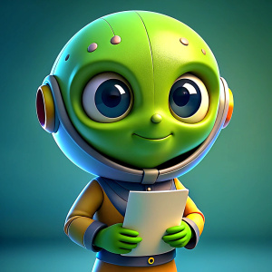 the alien is bright, cute, no background, holding a paper in his hand