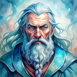 dungeons and dragons male wizard with a white beard and bushy eyebrows in the style of dan mumford