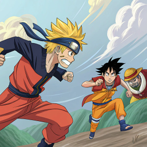 Digital painting featuring iconic anime and manga heroes. Dynamic action scenes, vibrant colors. Characters from Naruto, One Piece, Dragon Ball Z, and My Hero Academia. Exaggerated expressions and fluid movements.