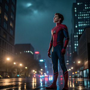 Tom Holland as Spider-Man, standing alone in an urban landscape at night. City lights reflecting off his iconic red and blue suit.