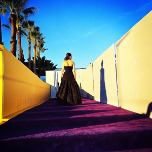 Hailee Steinfeld at a movie premiere, stunning in a black dress. Purple carpet leading up to the event. White backdrop