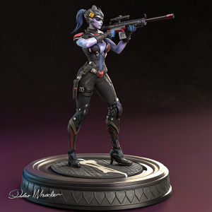 Highly detailed 3D model of Widowmaker figurine. Dark background, dynamic pose, detailed attire. Stands on circular base, artist's signature at bottom.