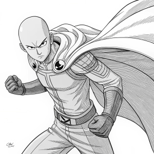 Black and white line art of Saitama from One Punch Man. Dynamic pose with intense focus. Intricate details on costume, flat line art style.