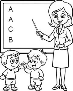 profesor enseñando las vocales en una pizarra 