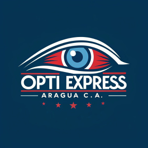 Opti Express Aragua C.A., a company logo, showcases a sleek eye design in vibrant blue, red, and white hues. The logo's font and main elements are strikingly featured.