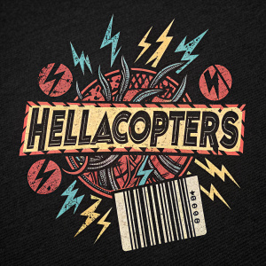 Close-up of Hellacopters band logo. Bold font and barcode. Edgy punk aesthetic. Solid black background.