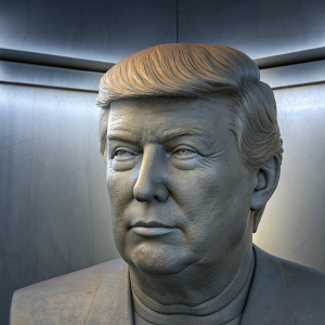 3D rendering of Donald Trump's face. Neutral gray backdrop.