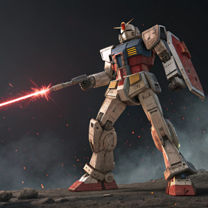 Digital artwork of RX-78-2 Gundam from Gundam series. Dynamic pose. Red, gray and metallic colors. Dark background.