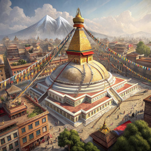 Aerial view of Boudhanath Stupa in Kathmandu, Nepal. Vibrant prayer flags fluttering in the wind, golden dome at the center.