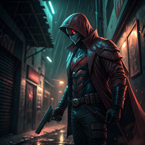 Red Hood, DC Comics character, in a dramatic pose with a gun. Dark alleyway, shadows, rain, and neon lights.