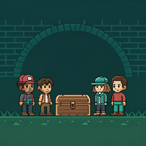 Retro 8-bit pixel art illustration featuring a cast of characters. They stand in front of a brown chest surrounded by a dark green backdrop and a brick wall. Limited color palette and simple shapes create a nostalgic, vintage aesthetic.