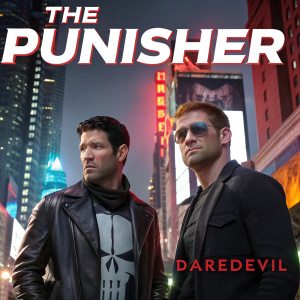 Promotional flyer for 'The Punisher' and 'Daredevil' crossover event in Times Square. Frank Castle and Matt Murdock stand in front of a New York City skyline with bold, vibrant graphics