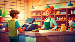 The cash register is in the store, the cashier is sitting at the cash register, the customer is standing in front of the cash register