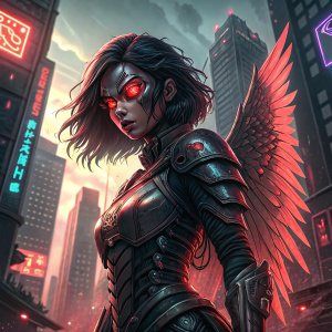 Illustration of Alita Battle Angel, fierce pose, glowing red eyes, intricate armor details. Neon lights and cyberpunk cityscape in background